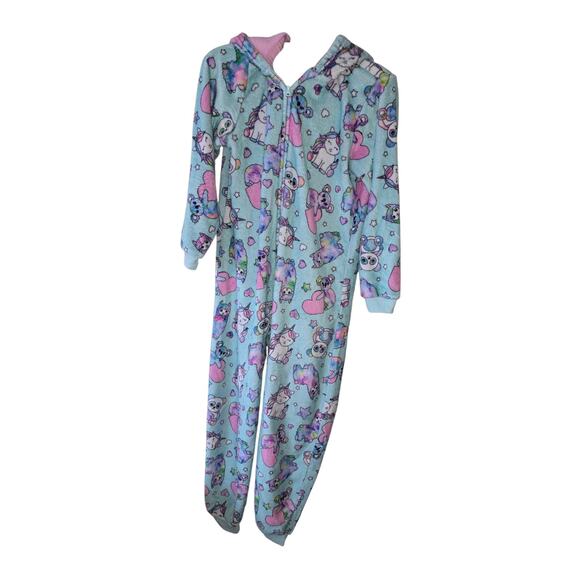 PJ Place 1 Piece Hooded Pajama Fleece Size L Inseam 24" Unicorn Bear Print - Picture 1 of 5
